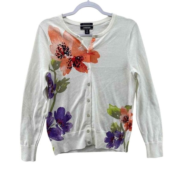 Lands' End Cardigan‎ Sweater Womens Small 6-8 White Cotton Watercolor Floral NEW - Picture 1 of 7